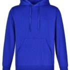A plain royal blue hooded sweatshirt with a front pocket and drawstrings.
