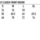 Unisex hoodie size chart with measurements for XS to 5XL; includes wind & cold proof icon.