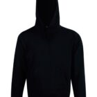 Black hoodie with front pocket and hood, displayed on a plain white background.