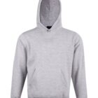 Plain light gray hooded sweatshirt with front pockets, displayed on a white background.