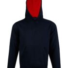 Black hoodie with a red inner hood and front pocket, displayed on a white background.