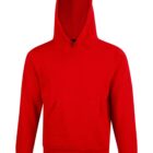 Bright red hooded sweatshirt with long sleeves and a front pocket, shown on a white background.