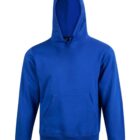 A plain blue hooded sweatshirt with a front pocket and long sleeves.