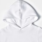 A plain white hoodie with the hood laid flat on a white background.