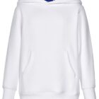 Plain white hoodie with a front pocket, long sleeves, and a hood, shown on a white background.
