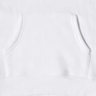 Close-up of a white hoodie with a front kangaroo pocket.