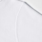 Close-up of a white sweatshirt showing a seam on the shoulder and sleeve against a white background.
