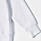 Close-up of a white long-sleeve sweatshirt on a plain white background.