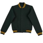 Dark green varsity jacket with yellow-striped collar, cuffs, and hem, laid flat.