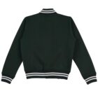 Back view of a dark green varsity jacket with striped collar, cuffs, and hem.