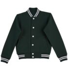 Dark green varsity jacket with white buttons and striped collar, cuffs, and hem.