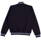 A navy blue varsity jacket with light blue and white striped cuffs and waistband, back view.