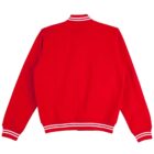 Red varsity jacket with white striped cuffs, collar, and waistband, shown from the back.