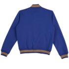 Blue varsity jacket with yellow-striped cuffs, waistband, and collar, shown from the back.