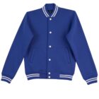 Blue varsity jacket with white buttons and striped collar, cuffs, and hem.