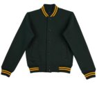 Dark green varsity jacket with yellow striped cuffs, collar, and hem, front snap buttons.