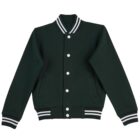 Dark green varsity jacket with white buttons and striped collar, cuffs, and hem.