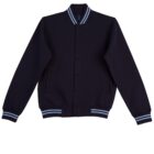 A black varsity jacket with light blue and white striped cuffs, collar, and hem.