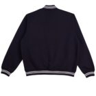 Black varsity jacket with white striped cuffs, collar, and hem, shown from the back.
