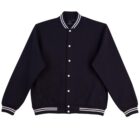 Black varsity jacket with white striped cuffs, collar, and waistband, and white buttons.