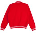 Red varsity jacket with white striped cuffs, collar, and waistband, shown from the back.