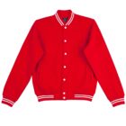 Bright red varsity jacket with white buttons and striped cuffs, collar, and hem.