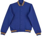 Blue varsity jacket with yellow and white striped cuffs, collar, and waistband.