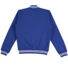 Blue varsity jacket with white striped cuffs, collar, and hem, shown from the back.
