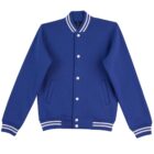 Blue varsity jacket with white buttons and striped cuffs, collar, and hem.