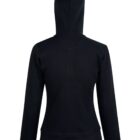 Black hooded sweatshirt shown from the back, with long sleeves and fitted waist.