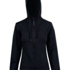 Black zip-up hoodie with front pockets and hood, displayed on a plain white background.
