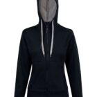 Black zip-up hoodie with a hood and grey drawstrings, displayed on a faceless mannequin.