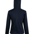A plain black hoodie shown from the back with the hood up and sleeves down.
