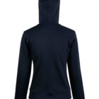 Back view of a plain black hooded sweatshirt with long sleeves.