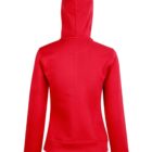 Back view of a plain red hooded sweatshirt with long sleeves.