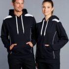 Two people wearing matching black hoodies with white accents and drawstrings, standing together.