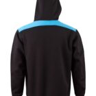 Black hooded sweatshirt with a bright blue stripe across the upper back and shoulders.