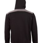 Black hooded sweatshirt with gray shoulder panel, shown from the back.