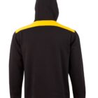Black hoodie with a yellow stripe across the upper back, viewed from behind.