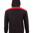 Back view of a black hoodie with a red stripe across the shoulders and a hood.