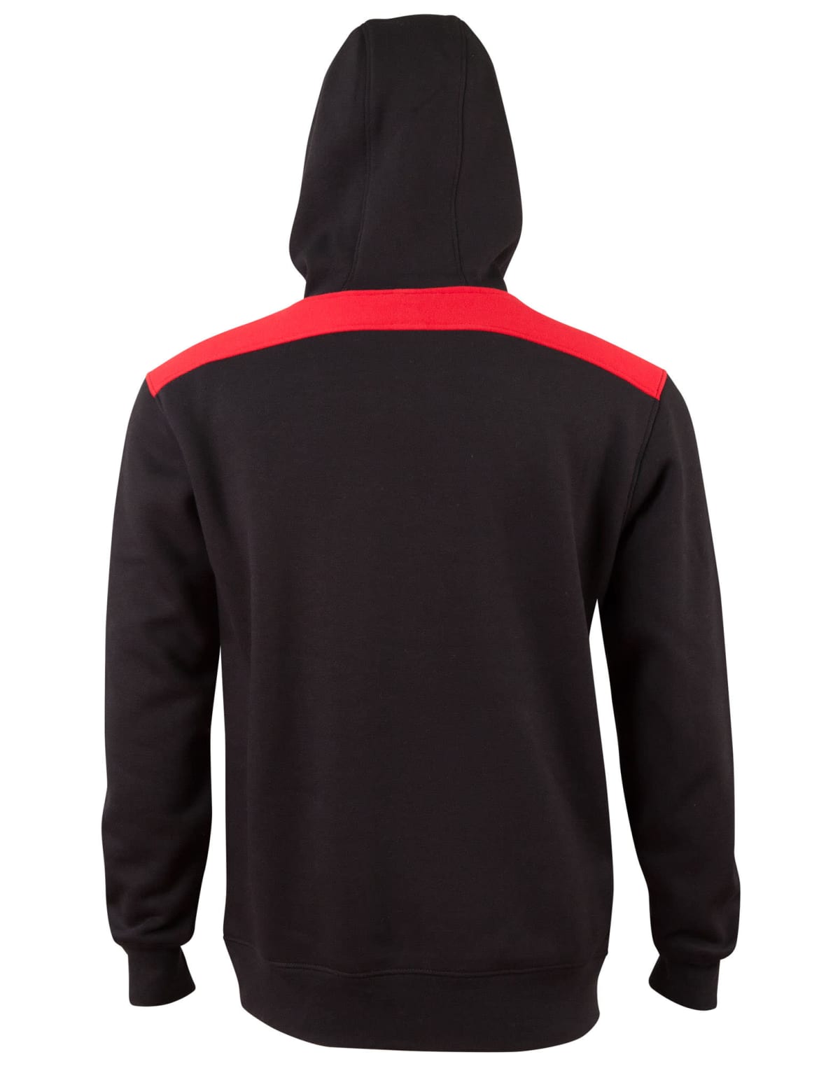 Back view of a black hoodie with a red stripe across the shoulders and a hood.
