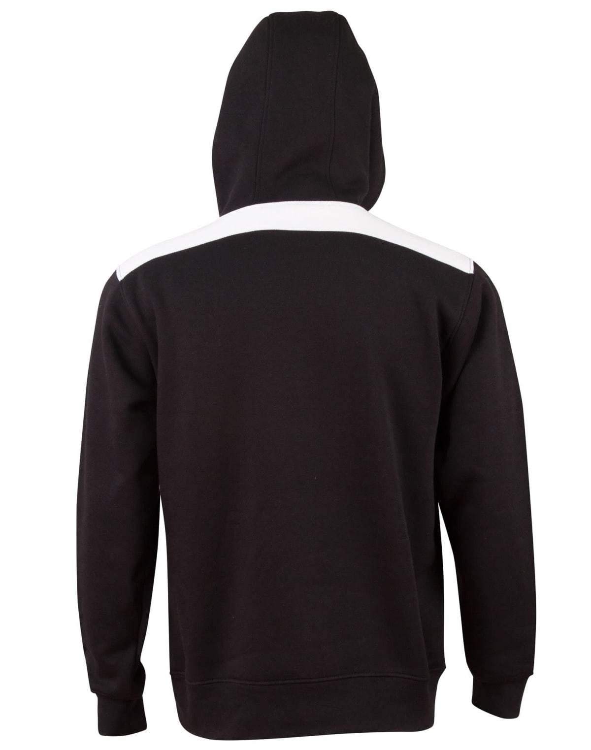 Black hooded sweatshirt with white stripe across the upper back, shown from behind.