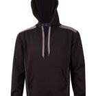 Black hooded sweatshirt with gray drawstrings and shoulder accents, front kangaroo pocket.