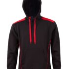 Black hoodie with red accents, red drawstrings, and a front pocket, displayed on white background.