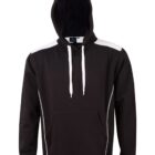 Black hooded sweatshirt with white drawstrings and white accents on the shoulders and sides.