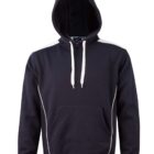 Black hoodie with white drawstrings, white shoulder stripes, and a front pocket.