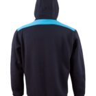 Back view of a black hoodie with a blue stripe across the shoulders and a hood.