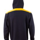 Back of a black hoodie with a yellow stripe across the shoulders and a hood.