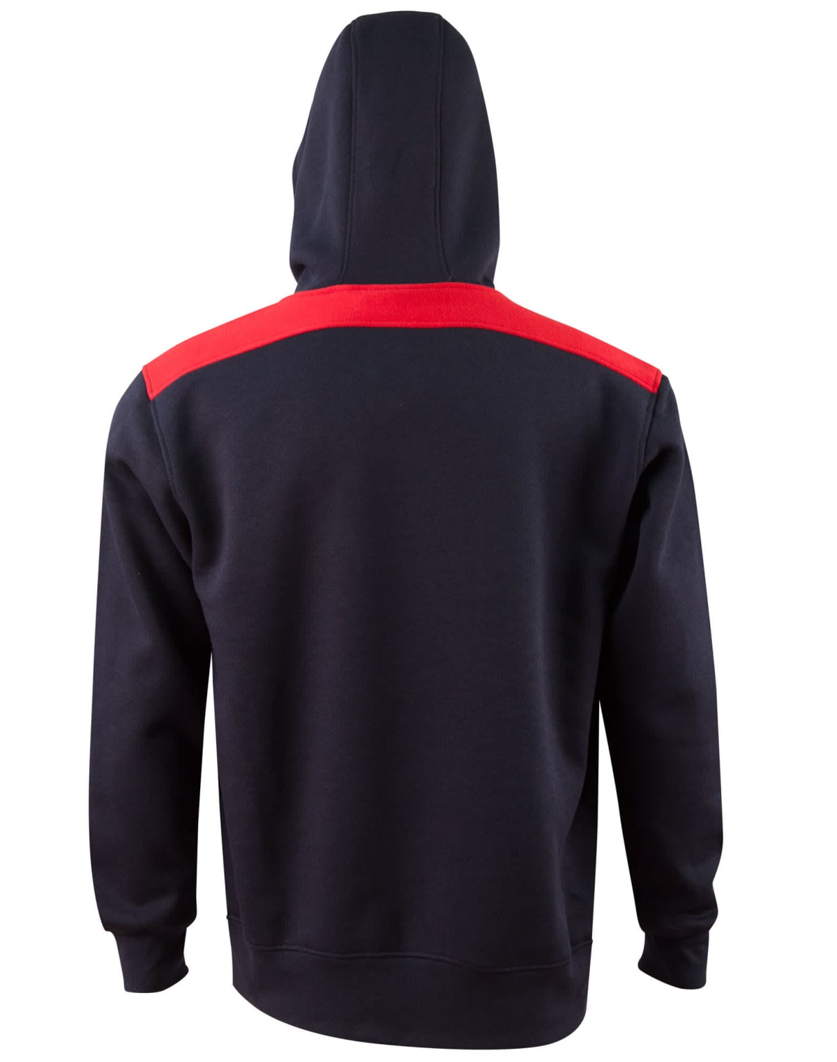 Back view of a black hoodie with a red stripe across the shoulders and a hood.
