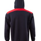 Back view of a black hoodie with a red stripe across the shoulders and a hood.